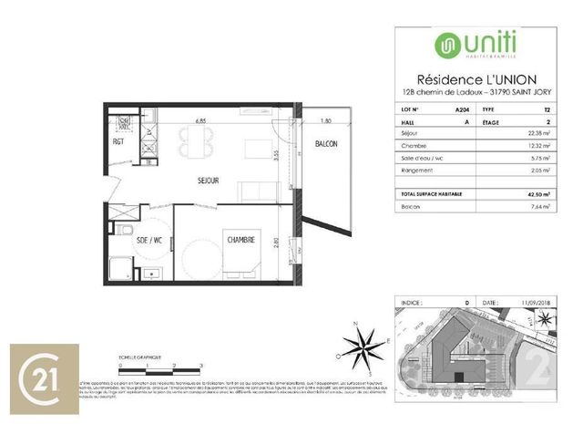 Appartement T2 à louer - 2 pièces - 42.5 m2 - ST JORY - 31 - MIDI-PYRENEES - Century 21 Tls Nord Appartement T2 à louer - 2 pièces - 42.5 m2 - ST JORY - 31 - MIDI-PYRENEES - Century 21 Tls Nord